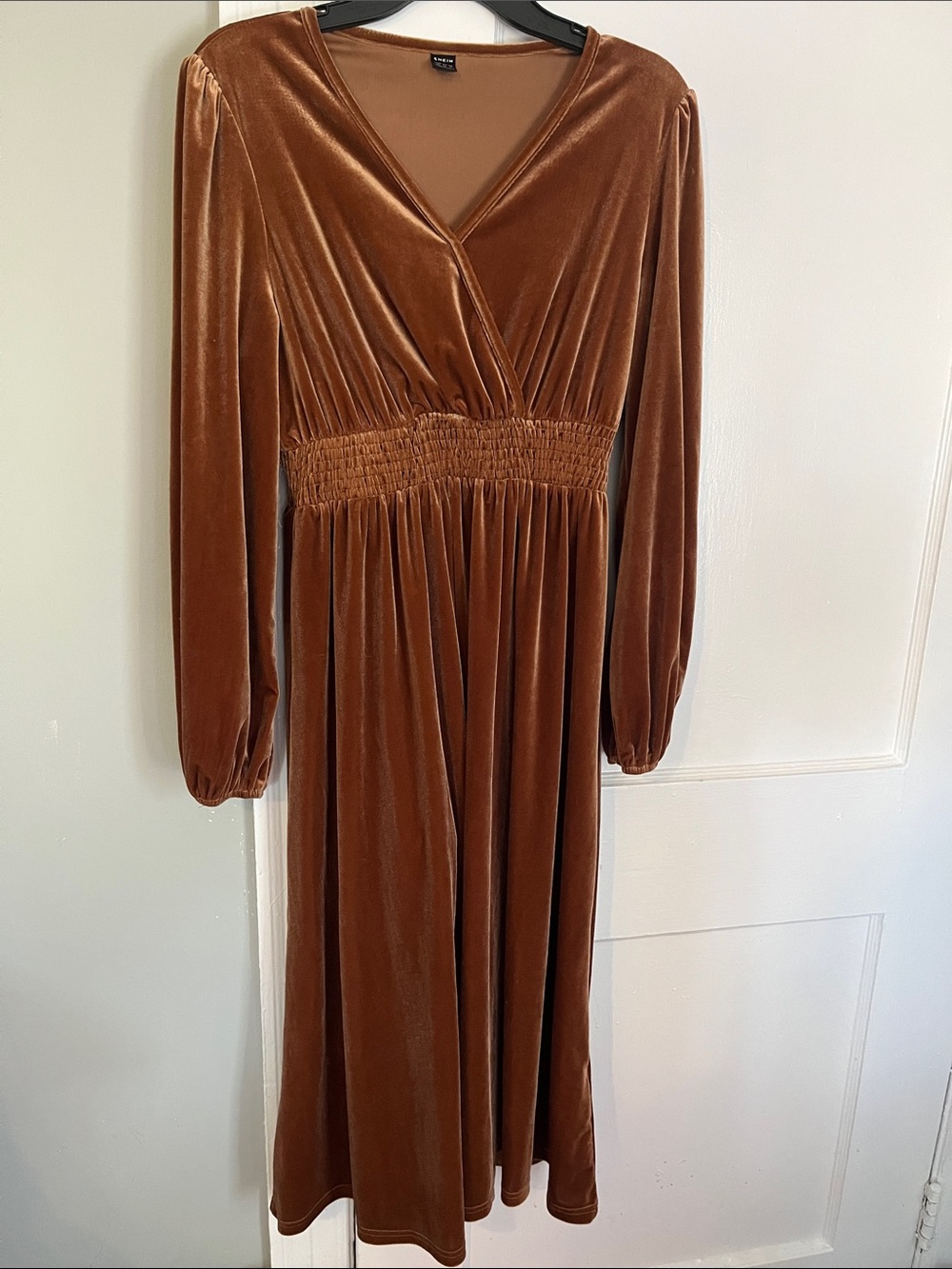 SHEIN Brown Velvet Long Sleeve Wrap Midi Dress